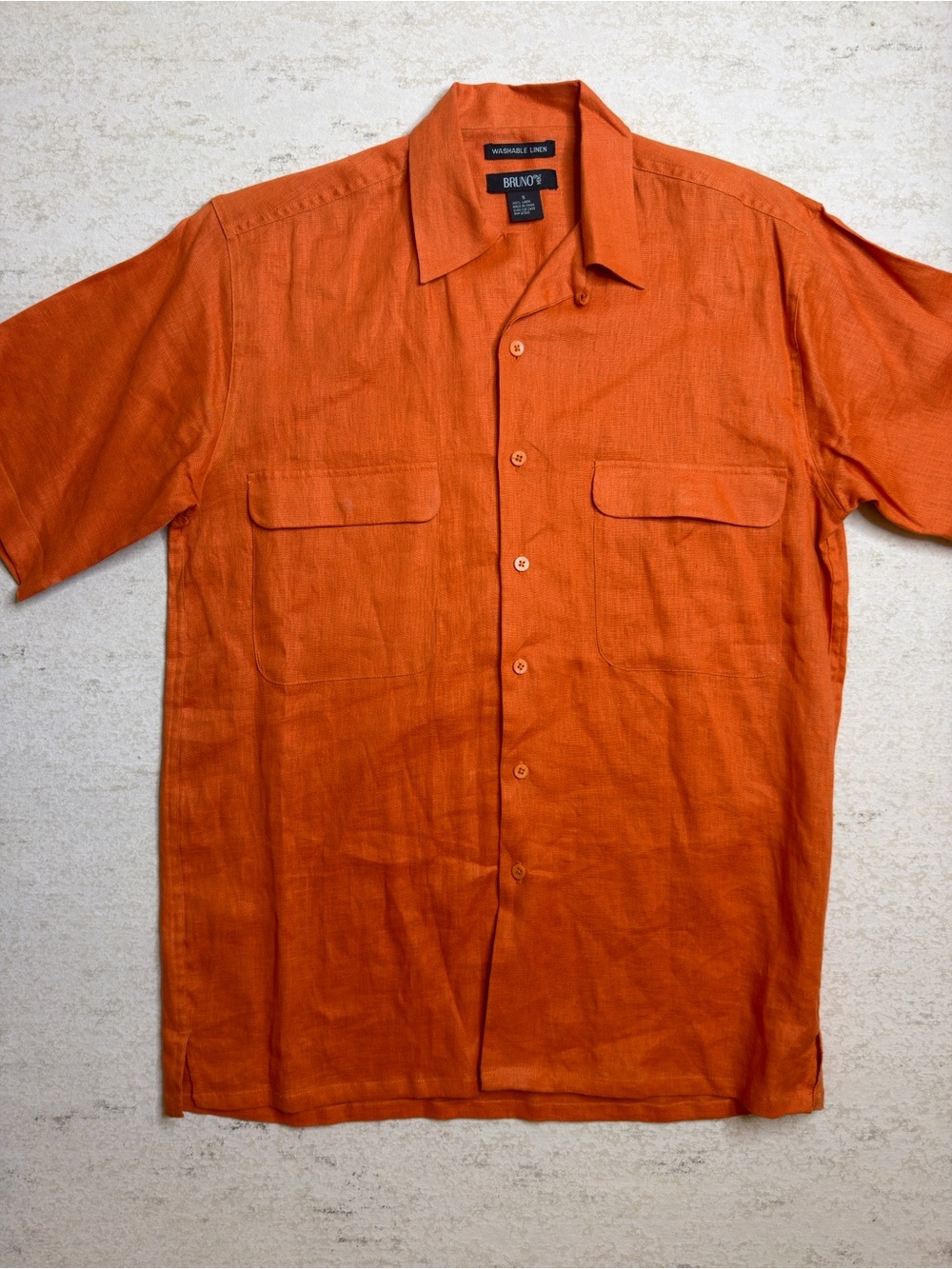 Bruno Mens Small Orange Washable Linen Short Sleeve Button Shirt Pockets